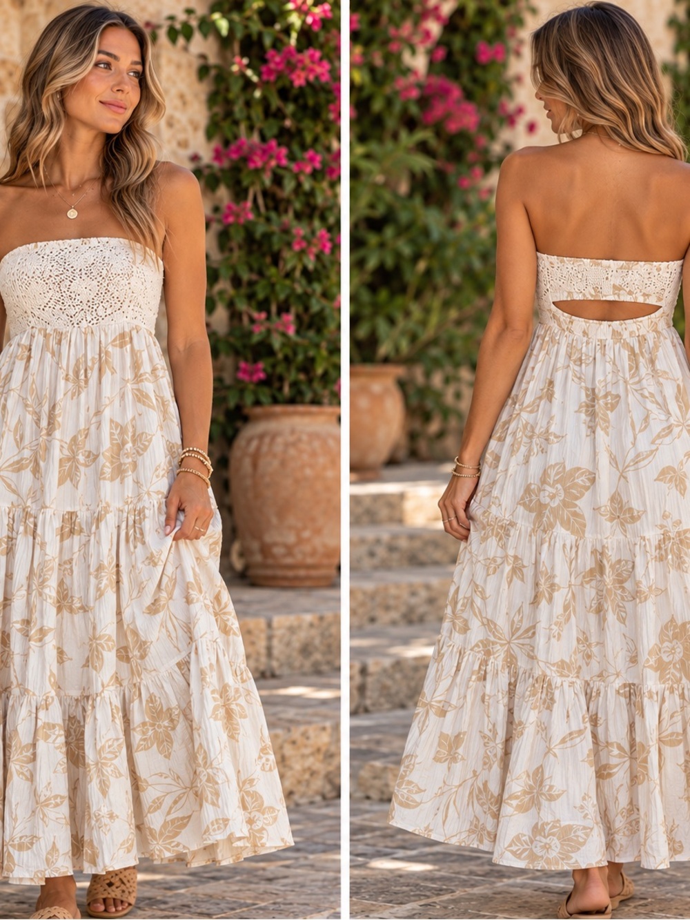 American Eagle Outfitters Strapless Cream Floral Maxi Dress